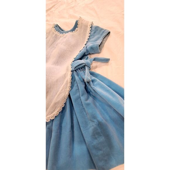 Toddler Dress Homemade Vintage Blue Velvet with White Pinafore - Picture 4 of 12